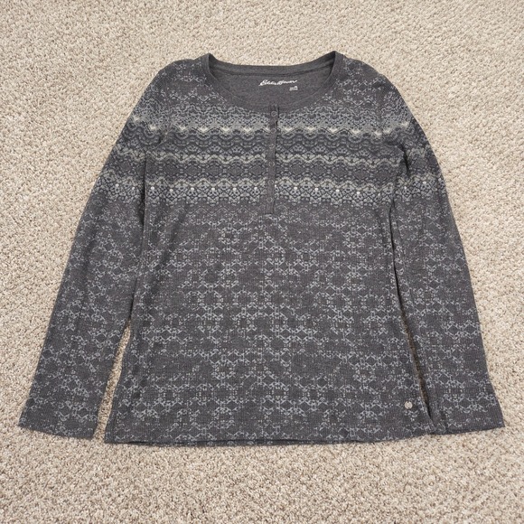 Eddie Bauer Tops - Eddie‎ Bauer Henley Top Waffle Thermal Shirt Charcoal Gray Fair Isle Womens PS